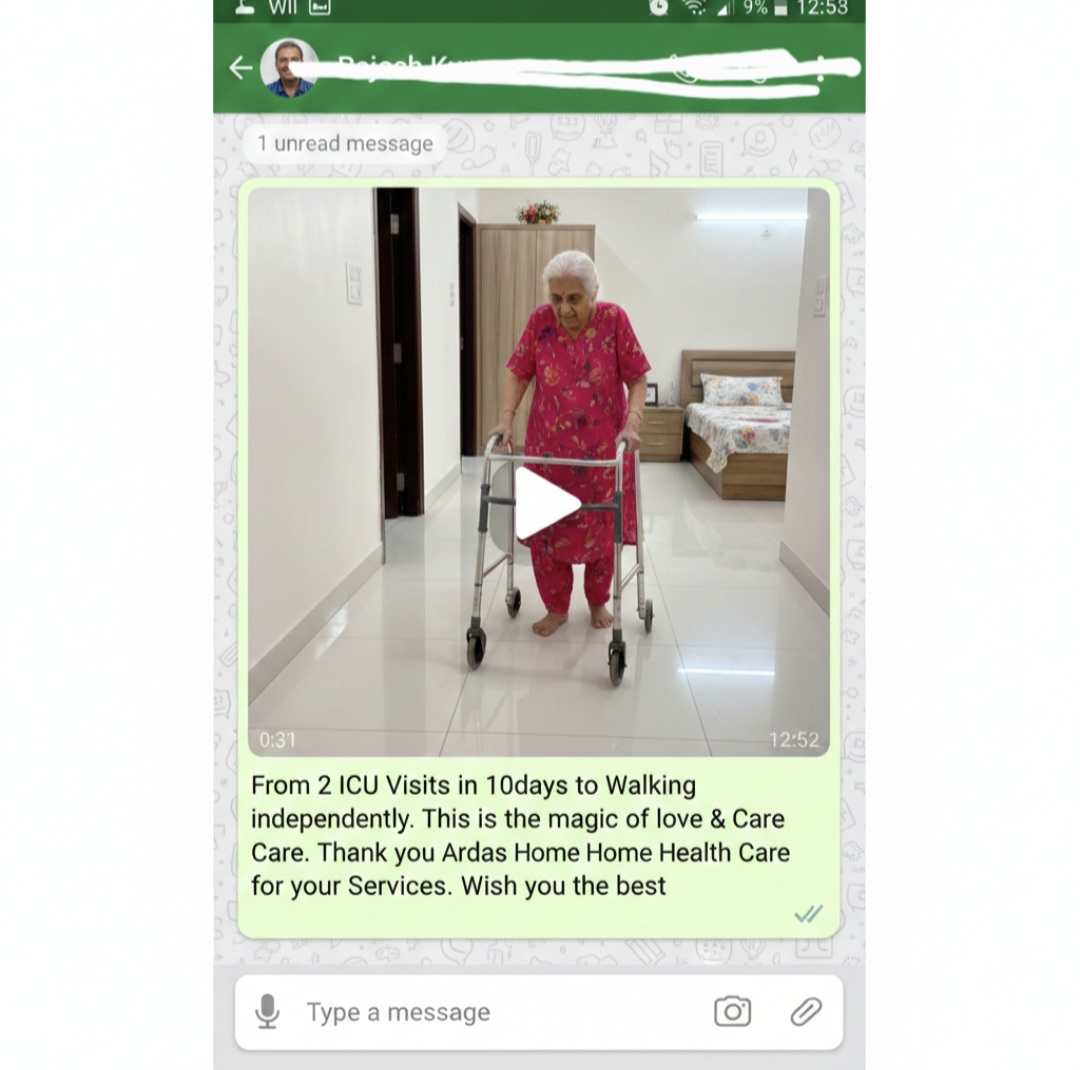 Family testimonial showing an elderly patient's walking progress