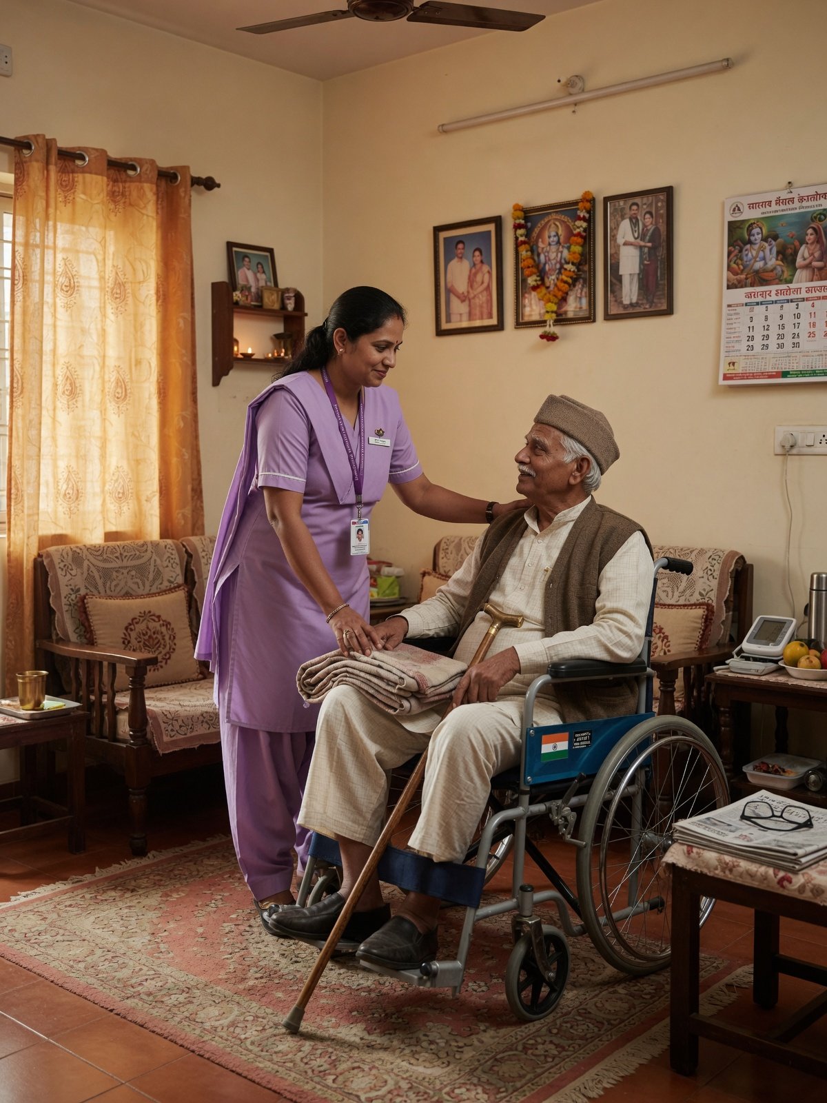 Patient attendant supporting an elderly patient at home in Bathinda